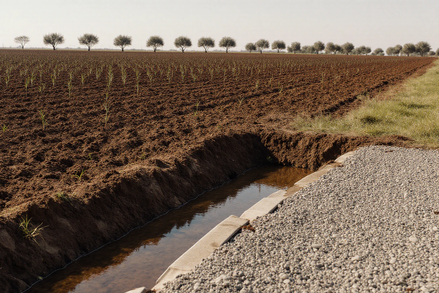 Field edge with a water channel and gravel track
